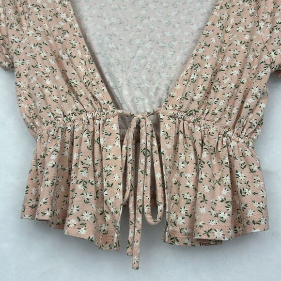 Pacsun Womens Floral Print Peplum Pink Crop Top Tie Front Sz S Short Sleeves - Picture 2 of 6